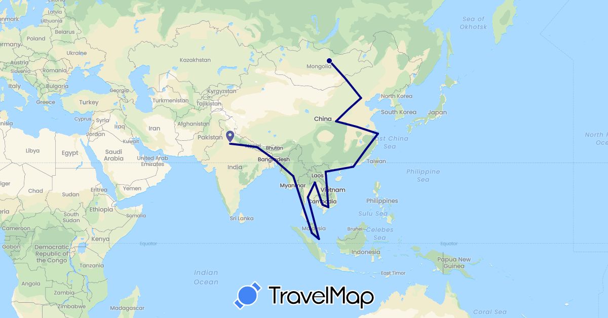 TravelMap itinerary: driving in Bangladesh, China, Hong Kong, India, Cambodia, Laos, Myanmar (Burma), Mongolia, Malaysia, Nepal, Singapore, Thailand, Vietnam (Asia)