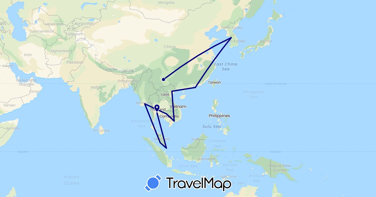TravelMap itinerary: driving in China, Hong Kong, Cambodia, South Korea, Myanmar (Burma), Malaysia, Singapore, Thailand, Vietnam (Asia)